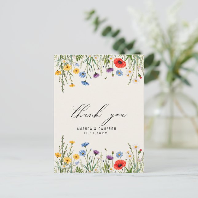 Spring Wild Flower Meadow Wedding Thank You Postcard (Standing Front)