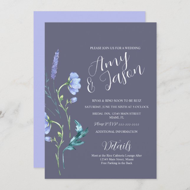 Spring Wild Flower Wreath Muted Purple Wedding Invitation (Front/Back)