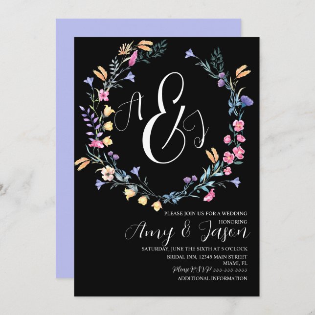 Spring Wild Flower Wreath Purple Black Wedding Invitation (Front/Back)