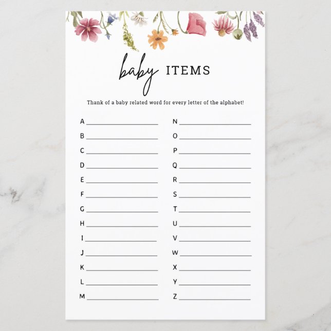 Spring Wildflower Baby Shower Baby Alphabet Game (Front)