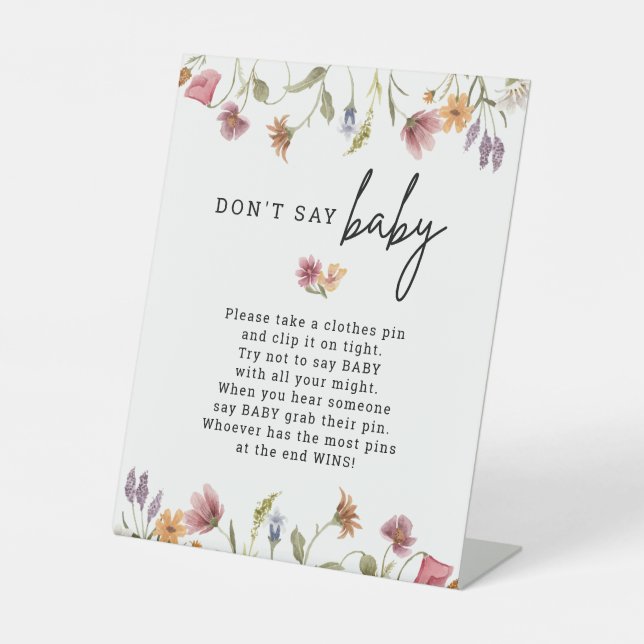 Spring Wildflower Baby Shower Don't Say Baby Game Pedestal Sign (Front)