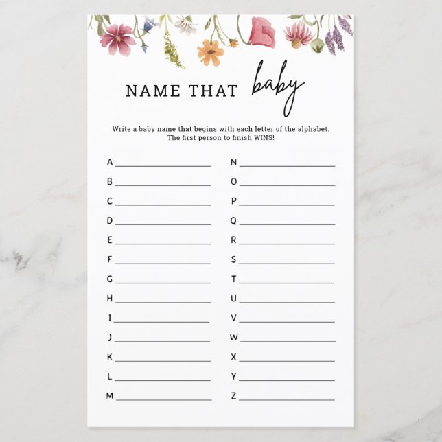Spring Wildflower Baby Shower Name That Baby Game (Front)