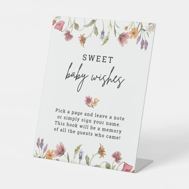 Spring Wildflower Baby Shower Sweet Baby Wishes Pedestal Sign (Front)