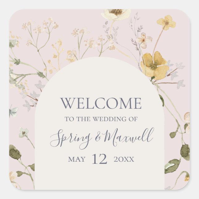 Spring Wildflower | Blush Wedding Welcome Square Sticker (Front)