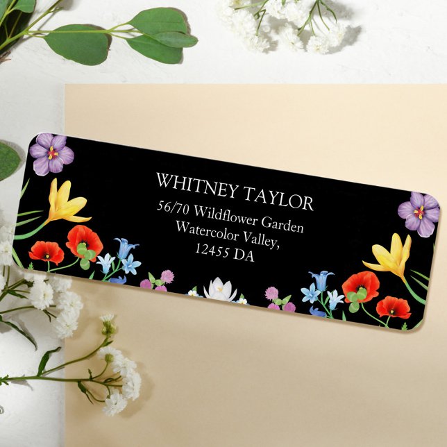 Spring Wildflower Bright Floral Wedding Address (Spring Wildflower Colorful Floral Black Wedding Addres Label)