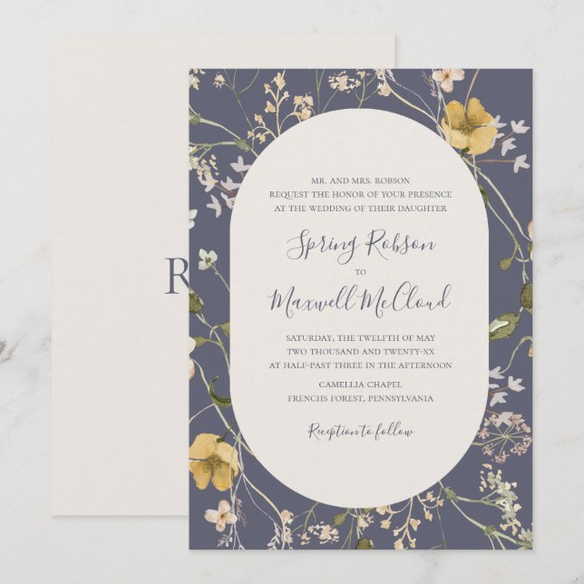 Spring Wildflower Dusty Purple Traditional Wedding Invitation (Front/Back)