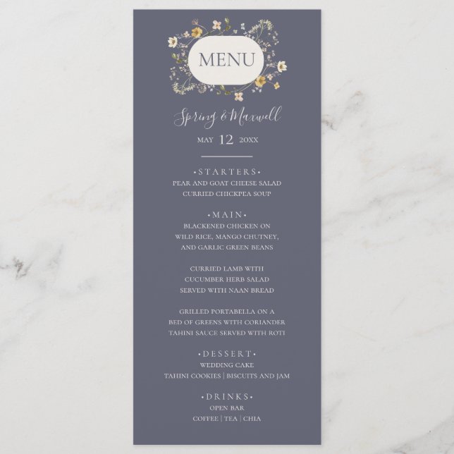 Spring Wildflower | Dusty Purple Wedding Dinner Menu (Front)