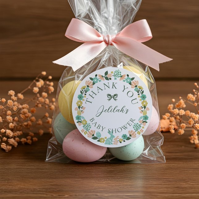 Spring Wildflower Easter Bunny Baby Shower Bow Classic Round Sticker (Spring Wildflower Easter Bunny Baby Shower Bow Classic Round Sticker)