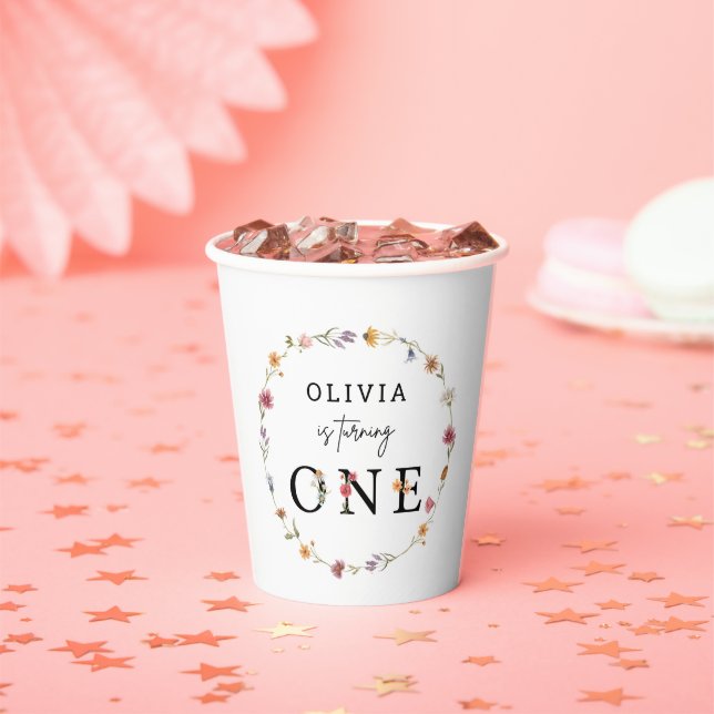 Spring Wildflower Floral 1st Birthday Party Paper Cups (Insitu)