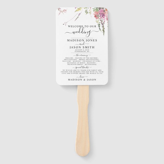 Spring Wildflower Floral Wedding Program Hand Fan (Front)