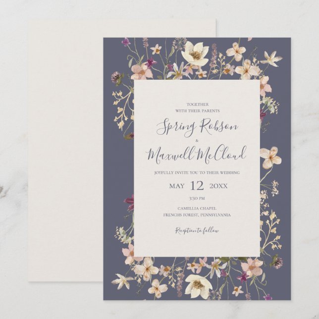 Spring Wildflower Frame Purple Casual Wedding Invitation (Front/Back)