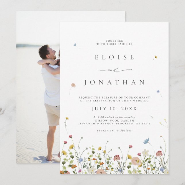 Spring Wildflower Garden Floral Boho Photo Wedding Invitation (Front/Back)