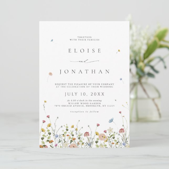 Spring Wildflower Garden Floral Minimalist Wedding Invitation (Standing Front)