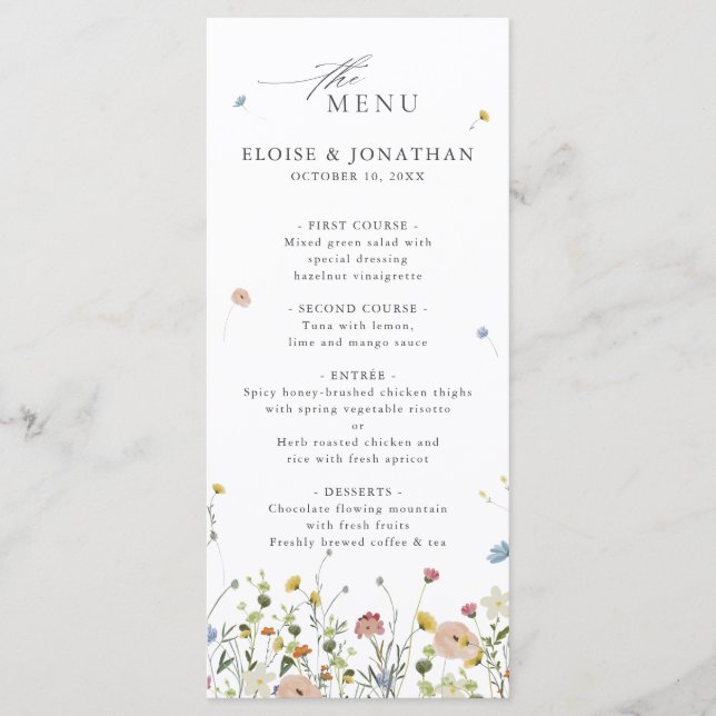 Spring Wildflower Garden Floral Minimalist Wedding Menu (Front)