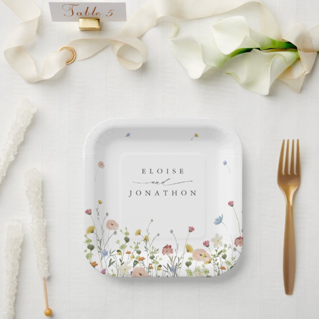 Spring Wildflower Garden Floral Minimalist Wedding Paper Plate (Wedding)