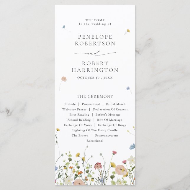 Spring Wildflower Garden Floral Minimalist Wedding Programme (Front)