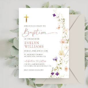 Spring Wildflower Girl Baptism and Christening Invitation