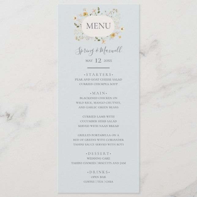 Spring Wildflower | Light Blue Wedding Dinner Menu (Front)