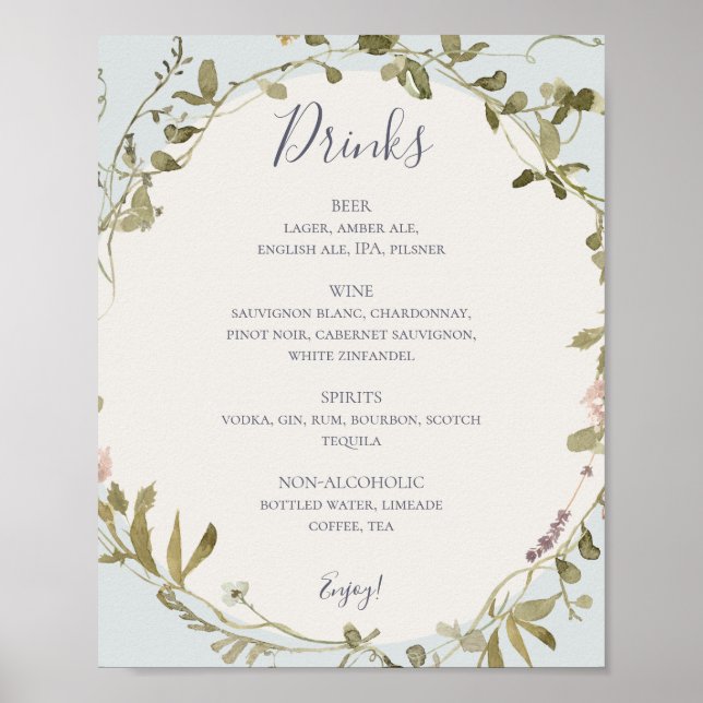 Spring Wildflower | Light Blue Wedding Drinks Menu Poster (Front)