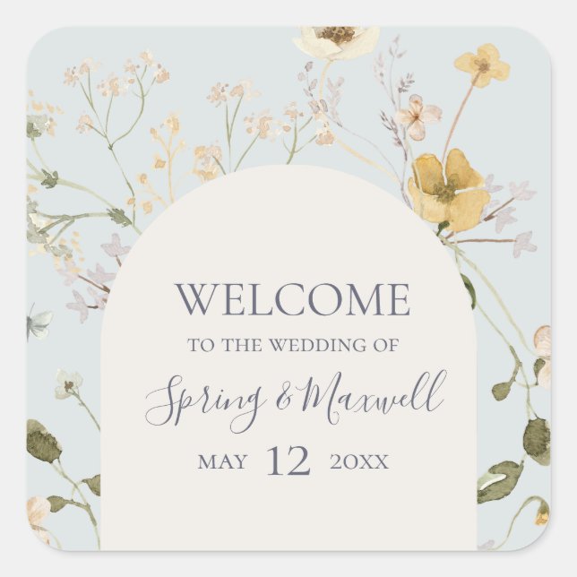 Spring Wildflower | Light Blue Wedding Welcome Square Sticker (Front)