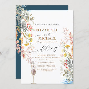 Spring Wildflower Meadow  Champagne Glass Wedding  Invitation