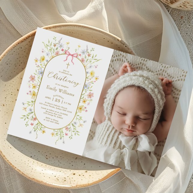 Spring Wildflower Meadow Christening Photo Invitation (Creator Uploaded)