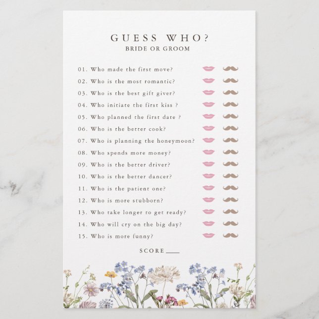 Spring Wildflower Meadow Garden Bridal Shower Game (Front)