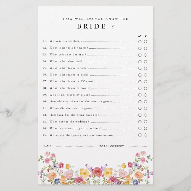 Spring Wildflower Meadow Garden Bridal Shower Game (Front)