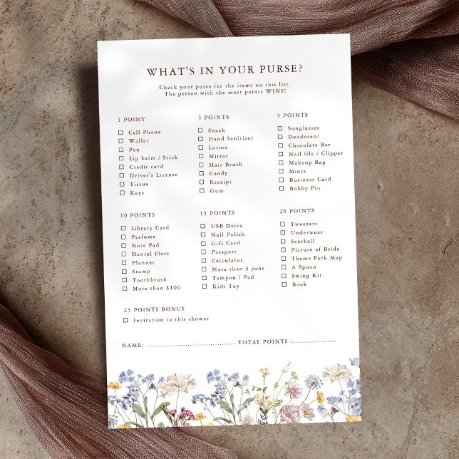 Spring Wildflower Meadow Garden Bridal Shower Game (Spring Wildflower Meadow Garden Bridal Shower Game whats in your purse?
)
