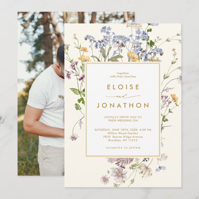Spring Wildflower Meadow Garden Photo Gold Wedding Invitation (Front/Back)