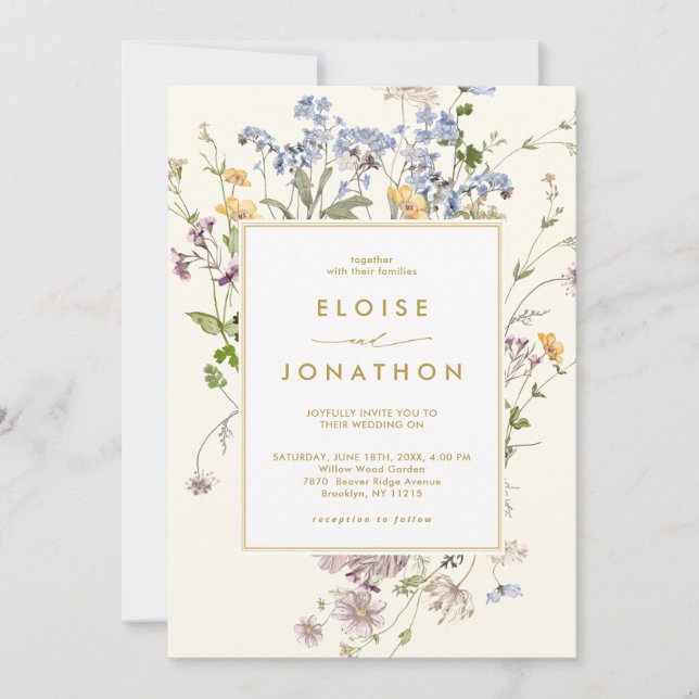 Spring Wildflower Meadow Gold QR Code Wedding   Invitation (Front)