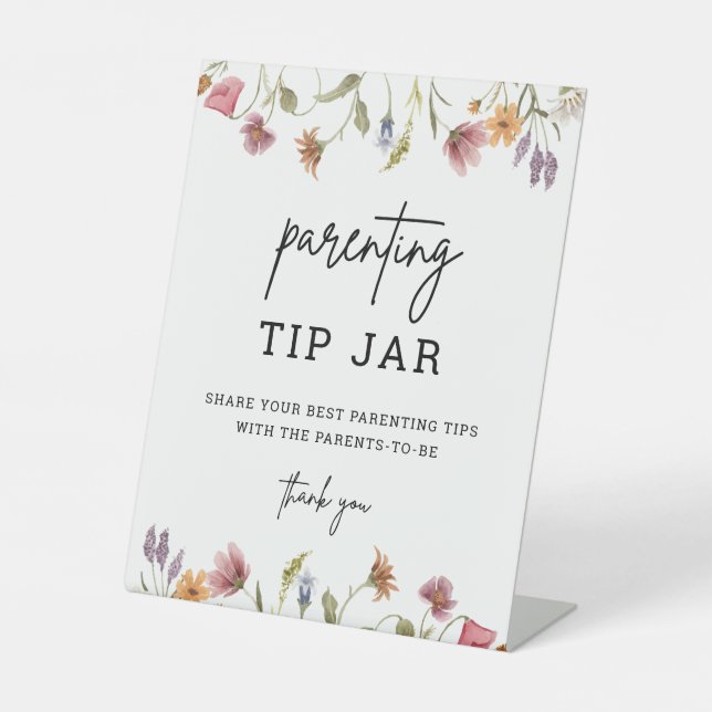 Spring Wildflower Parenting Tip Jar Baby Shower Pedestal Sign (Front)