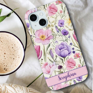 Spring Wildflower Pastel Pink Purple Custom Name iPhone 15 Case