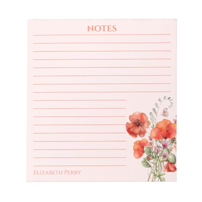 Spring Wildflower Poppy Floral Personalised Notepad (Front)