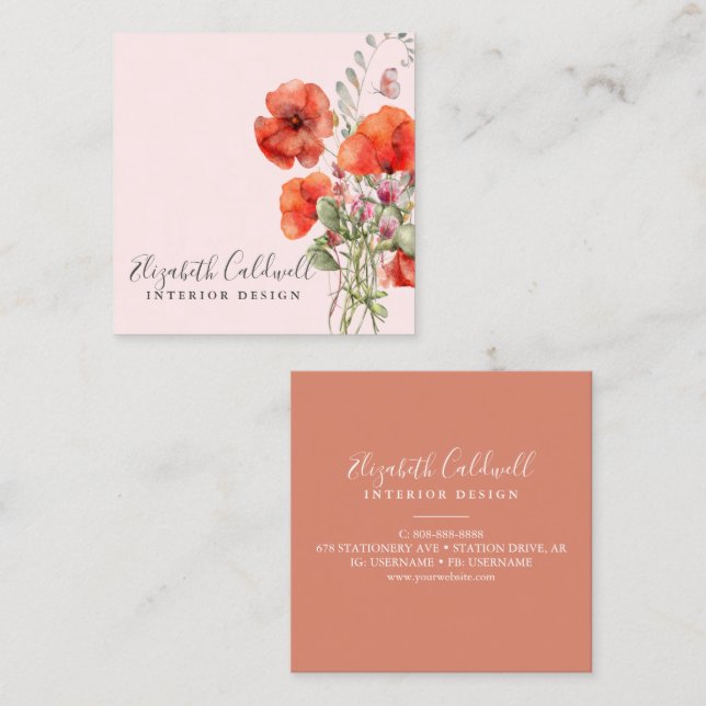 Spring Wildflower Poppy Floral Personalised Square Business Card (Front/Back)