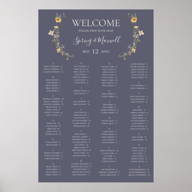 Spring Wildflower Purple Alphabetic Seating Chart (Front)