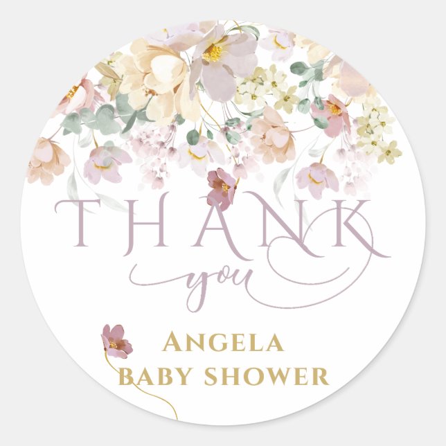 Spring Wildflower Purple Girl Baby Shower thanks Classic Round Sticker (Front)