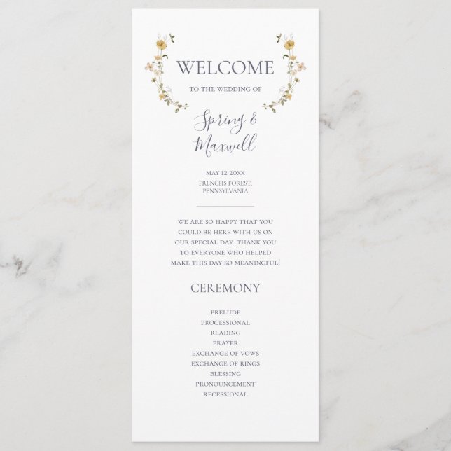 Spring Wildflower | White Wedding Program Programme (Front)
