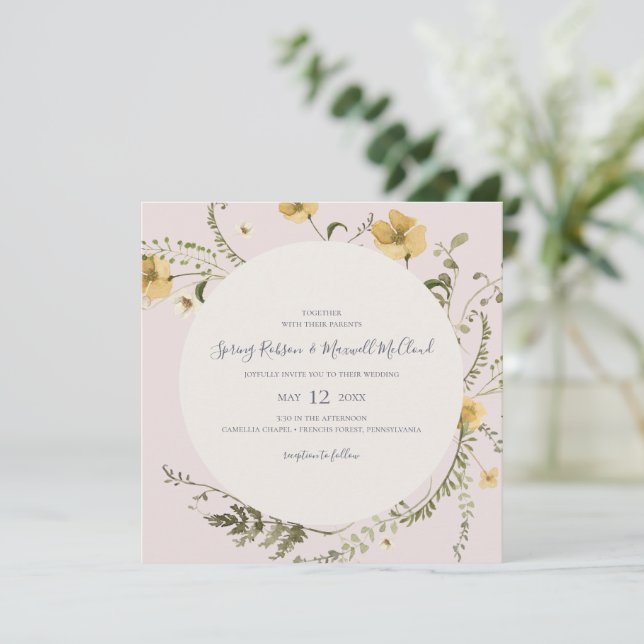 Spring Wildflower Wreath blush Square Wedding Invitation (Standing Front)
