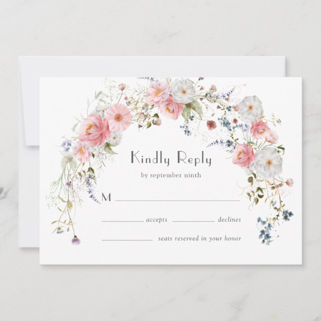 Spring Wildflowers Arch Pink White Wedding RSVP Save The Date (Front)
