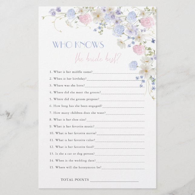 Spring Wildflowers Bridal Shower Who Knows Bride (Front)