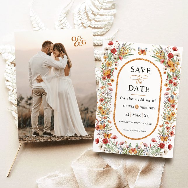 Spring Wildflowers Butterflies Photo Save the Date (Boho Spring Watercolor Wildflowers Butterflies Monogram photo save the date invitation)