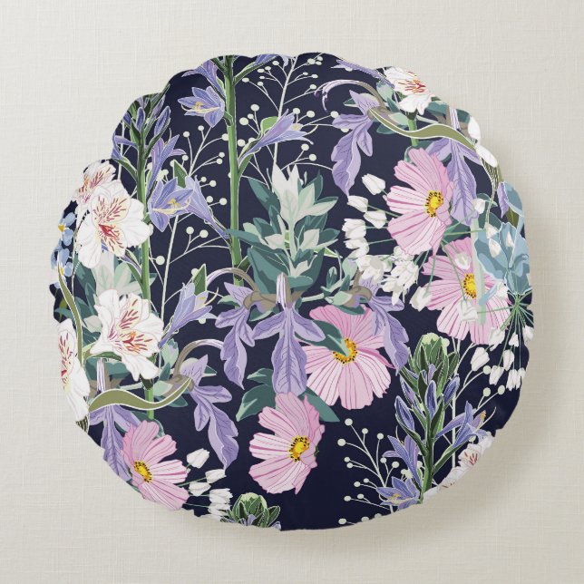 Spring Wildflowers: Dark Blue Vintage. Round Cushion (Front)