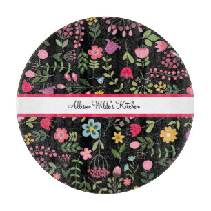 Spring Wildflowers Florals on Black Personalised Cutting Board