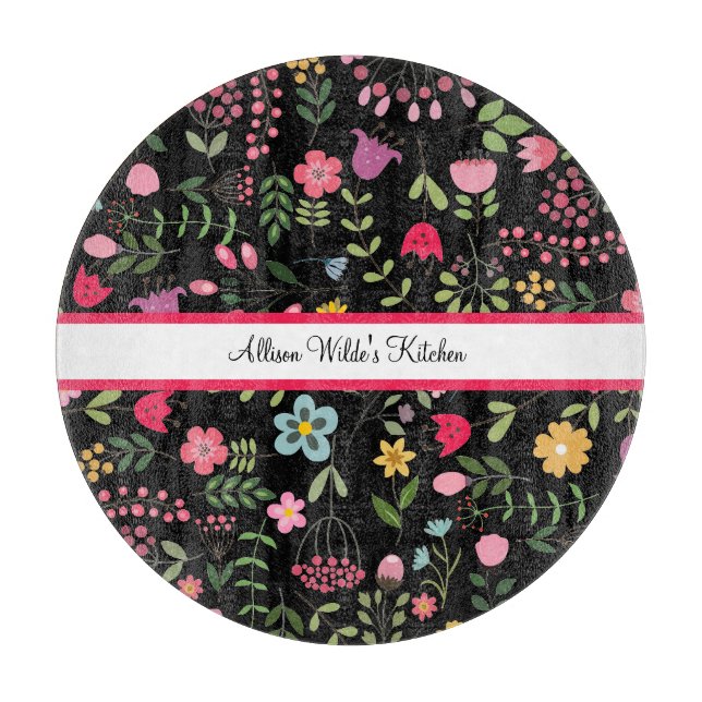 Spring Wildflowers Florals on Black Personalised Cutting Board (Front)