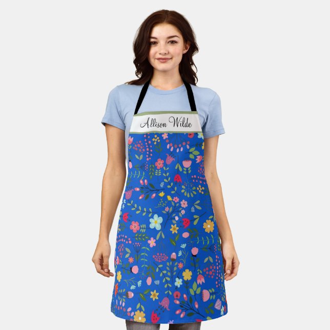 Spring Wildflowers Florals on Blue Personalised Apron (Worn)
