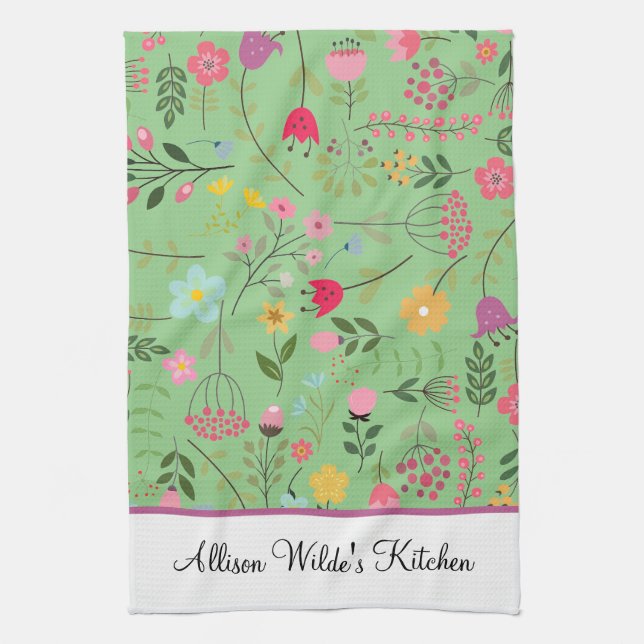 Spring Wildflowers Florals on Sage Personalised Tea Towel (Vertical)