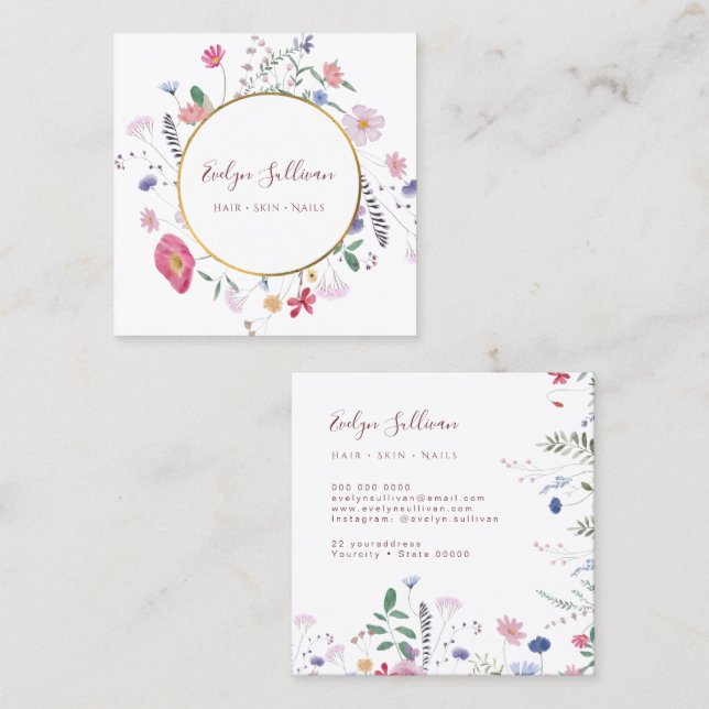 Spring wildflowers gold circle business card (Front/Back)