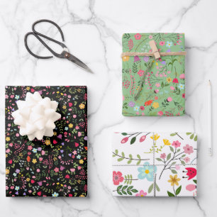 Spring Wildflowers on Black, White, Garden Green  Wrapping Paper Sheet