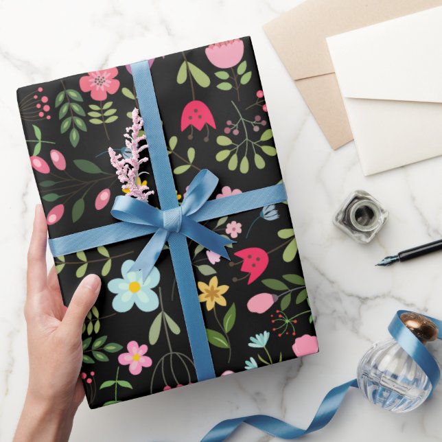 Spring Wildflowers on Black Wrapping Paper (Gifting)